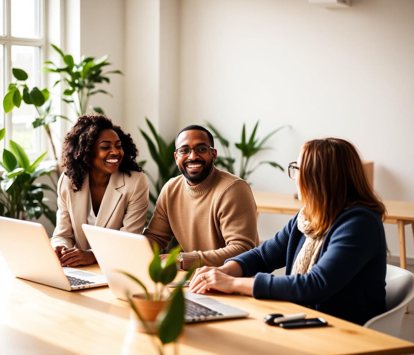 Diverse team of professionals collaborating in a bright, plant-filled office